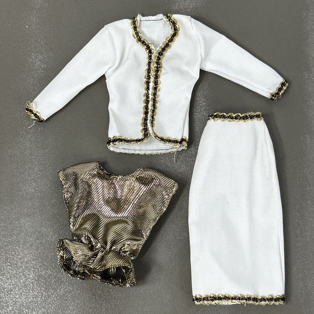 Vtg Barbie City Style Fashions 4417 Jacket Skirt Shirt Metallic White Gold